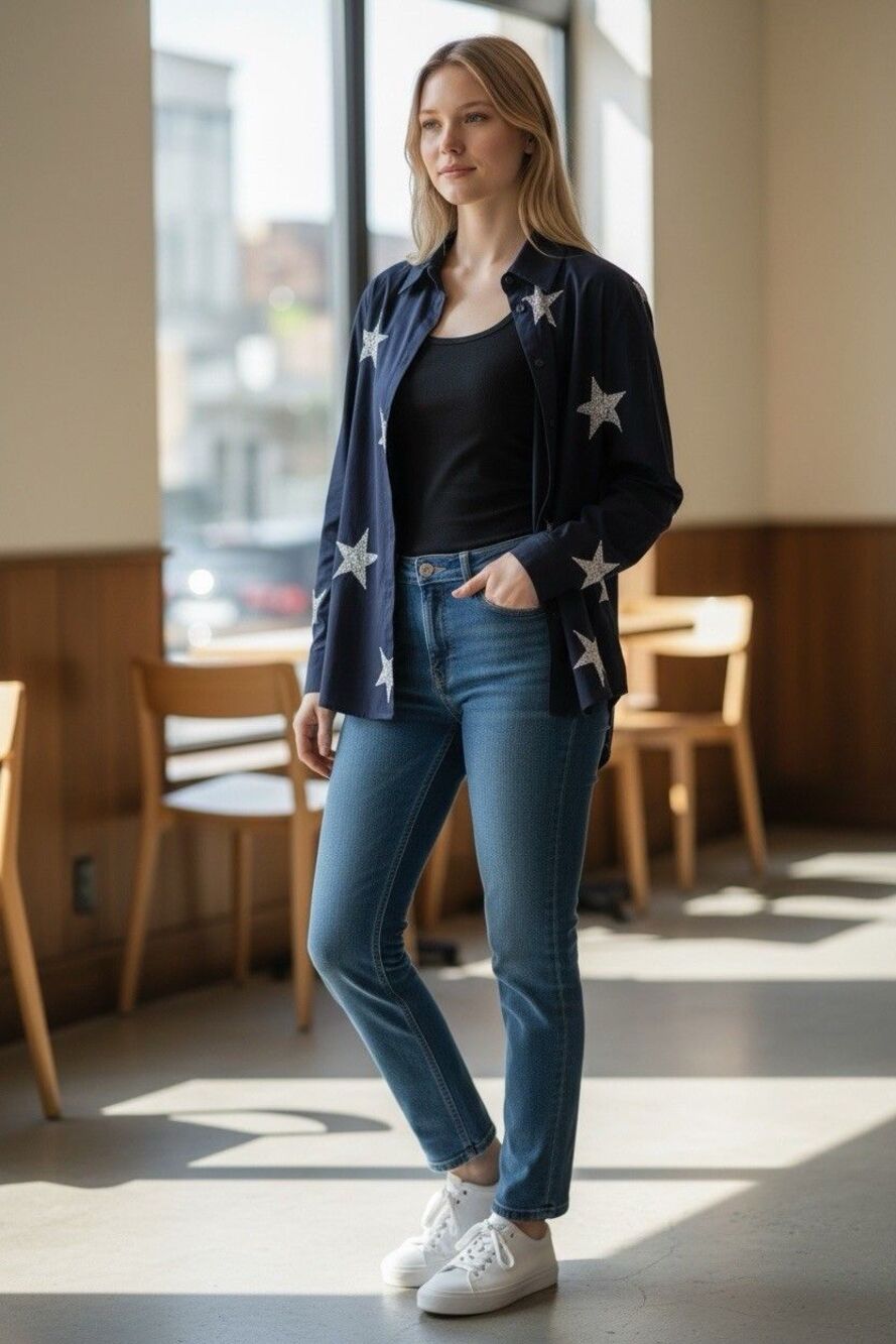 Norton Mcnaughton Women’s Navy Blue Blouse Patriotic Embroidered Stars Size 6
